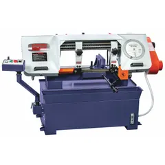 This mitering manual horizontal band saw from Dayton is designed for cutting metal stock such as pipes, bars, and structural shapes in fabrication and maintenance shops. It offers a 9 in x 16 in cutting capacity and variable blade speed from 80 to 250 SFPM. The saw features a mitering range of 0° to 45° for precise angled cuts and is powered by a 4.7 HP, 1-phase, 230V AC motor.