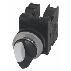22 mm panel-mount selector switch with a metal operator head and short-handled knob. Maintained/maintained action with two On/On positions, 1NO/1NC contacts. AC rated 6 A at 230 V, DC rated 3 A at 24 V. Metallic bezel, non-illuminated, no cam required. Suitable for industrial control circuits requiring two-position maintained selection.