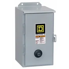 Enclosed non-reversing magnetic motor starter for three-phase motors. NEMA Size 3, 90 A, 3 poles, 208V AC coil. Screw clamp terminals. Requires 3 melting alloy thermal units (not included). Suitable for starting and protecting motors in industrial applications such as conveyors, pumps, and compressors.