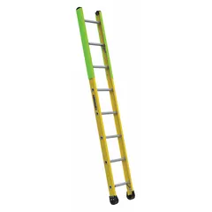 This 8 ft fiberglass straight ladder is designed for manhole and confined-space access where non-conductive properties are required. It features slip-resistant shoes and side rail bumpers, with a load capacity of 375 lb and weight of 18 lb. Suitable for industrial maintenance, utility work, and construction applications.
