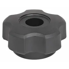 This 5-arm knob features a threaded through-hole for manual adjustment, clamping, or positioning on machinery and equipment. It has a 1.36 in diameter, plastic construction with a steel thread insert, and a 5/16"-18 thread size. The five-arm design provides an ergonomic grip for frequent hand tightening in industrial settings such as machining, material handling, and assembly fixtures.