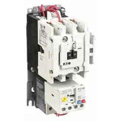 Three-pole, non-reversing magnetic motor starter with electronic overload protection, rated 27 A at NEMA Size 1. Coil voltage 220/240V AC. Includes one normally open auxiliary contact and a pilot light for status indication. Suitable for starting three-phase motors in applications such as conveyors and pumps.