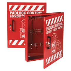 Unfilled wall-mounted steel lockout board with closed cover. Accommodates 1 to 20 lockout devices. No padlocks included. Used to organize lockout/tagout equipment for servicing and maintenance procedures.