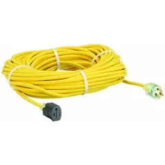This outdoor extension cord is 90 ft long with a single outlet and NEMA 5-15P plug. It features 14/3 SJTOW construction and is rated for 125V AC. The cord operates in temperatures from -58° to 194°F, suitable for powering tools and equipment in outdoor environments.