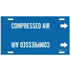 Blue strap-on pipe marker with white legend reading 'Compressed Air' and directional arrows. Fits pipe outer diameters of 10 to 15 inches. Used to identify compressed air lines in industrial piping systems for clear visual indication of pipe contents.