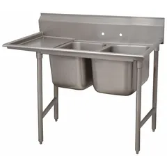 This two-bowl freestanding sink is designed for commercial kitchen and bar applications, providing ample space for washing large pots, pans, and utensils. Overall dimensions: 42 in height, 80 in length, 31 in width. Faucets not included.