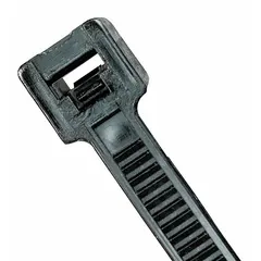 Black nylon cable ties with 0.1 in width and 1 1/2 in nominal maximum bundle diameter. Suitable for bundling and securing wires, cables, and hoses in indoor and outdoor applications. Rated for outdoor use. Pack of 100.