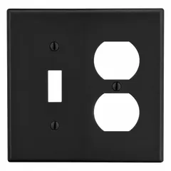 This HUBBELL combination wall plate is a 2-gang, standard-size cover made of black polycarbonate. It is used to cover and protect multiple electrical outlets, switches, or device openings in a single wall box. The polycarbonate material offers impact resistance for commercial and industrial environments.