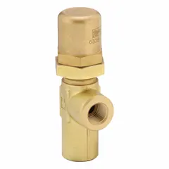 This hard-seat pressure control valve regulates system pressure in hydraulic and pneumatic circuits. It has a maximum flow of 10 gpm and a maximum set pressure of 850 psi. The valve features a brass body with 1/2 in NPT ports.