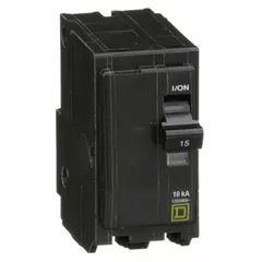 Two-pole, 15 A plug-in miniature circuit breaker for overcurrent protection in single-phase systems. Rated 120/240V AC with a 10kA interrupting rating. For use in QO Load Centers and NQ Panelboards.