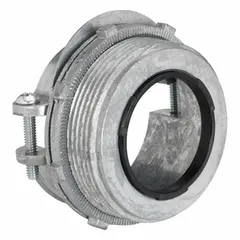 Die-cast zinc straight connector with snap-in style for terminating AC/MC metal-clad cable and flexible conduit to junction boxes or enclosures. Features a 3/8 in trade size, 1-1/2 in MNPT, and insulated construction. Gray finish. UL listed.