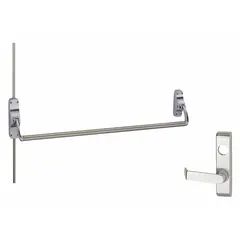 Surface vertical rod exit device with chrome finish, lever trim, and crossbar. Designed for doors up to 44 inches wide with left-hand reverse swing. Suitable for commercial egress applications requiring push-bar operation.
