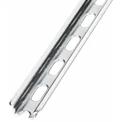Steel C-section DIN rail for mounting terminal blocks. Complies with DIN 46277-2. Overall length 1 m. Used in control panels and electrical enclosures to organize wiring and components.