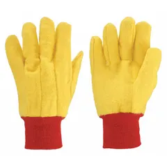 Uncoated cotton/polyester canvas gloves for general material handling, light assembly, and maintenance tasks. Yellow knit construction provides basic abrasion resistance and grip in dry conditions. Not silicone-free, latex-free, or touchscreen compatible. Sold as a single pair.