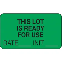 Green rectangular paper label measuring 1 3/4 in wide by 1 in high, printed in English. Pack of 1,000. Used for hazard identification and compliance marking in industrial environments.