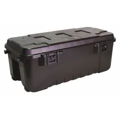 This black plastic storage trunk offers a 27-gallon capacity for organizing tools, parts, and supplies in industrial facilities, warehouses, and workshops. Its dimensions are 37 3/4 inches by 14 inches by 18 1/4 inches, providing portable and secure storage for material handling applications.
