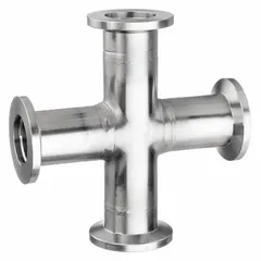 This KF x KF x KF x KF cross fitting has a trade number of 25 and a vacuum rating of 10-7 torr at 72°F. It provides a four-way connection in vacuum systems where multiple lines join at a single point. The fitting features three 1 in OD ports and one 1 in Pipe port for integration with standard KF components.