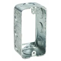 Steel extension ring for single-gang electrical boxes. Silver finish. Adds 1.88 in depth and 2.13 in width to increase wiring space. Used to accommodate additional conductors or devices without replacing the box.