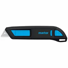 This fully automatic retracting utility knife features a textured plastic handle in black with blue accents. With a 16 mm overall width, it is suited for cutting tasks in packaging, warehousing, and manufacturing. Blade changes require tools.