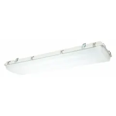 This 4 ft linear LED bay light replaces (2) lamp LFL fixtures. It delivers 12,283 lumens at 5000K color temperature, consumes 91.1 W, and operates on 120 to 277V AC. Designed for mounting heights of 12 ft to 20 ft, it provides wide beam illumination for industrial and commercial high-bay spaces.