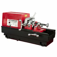 Stationary pipe threading machine for cutting and threading pipes from 1/8 in to 2 in. Features a 2 3/4 hp motor, auto chuck, and includes a cutter. Suitable for workshop or job-site use on steel, stainless steel, or other metal pipes in plumbing, HVAC, and industrial piping applications.