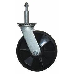 Swivel wheel accessory for drum trucks, constructed with a rubber tread on a steel core in black finish. Measures 13 inches overall height, 3 3/4 inches width, and 8 1/2 inches overall length. Used to replace or upgrade wheels on compatible drum trucks for maneuvering heavy loads in material handling environments.