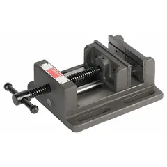 Standard drill press vise with a 4-inch maximum jaw opening and 1 1/2-inch throat depth. Overall height is 2.875 inches. Used for clamping workpieces during drilling, milling, and tapping operations in metalworking and fabrication.
