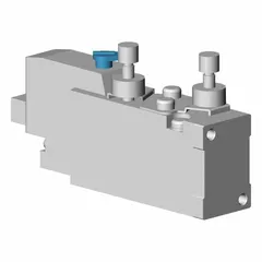 Five-way, two-position directional control valve from the SYJ5000 series. Single solenoid, plug-in electrical connection, 24V DC coil. Aluminum body. Used in industrial automation to direct compressed air to actuators, cylinders, or other pneumatic devices.