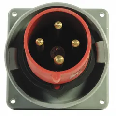 Watertight pin and sleeve inlet rated for 380 to 415V AC, single or three phase, 60 to 63 A. Features 3 poles and 4 wires. Suitable for providing lockable power connections in industrial environments where moisture or debris may be present.