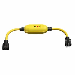 This inline GFCI cord provides ground-fault protection for power tools and equipment. It features a 3 ft length of 12/3 SJTW cable, a NEMA 5-20P plug, and a NEMA 5-20R receptacle. Rated 20 A at 125V AC, the manual reset function restores power after a fault is cleared. Suitable for use in wet or outdoor locations where temporary power is needed.