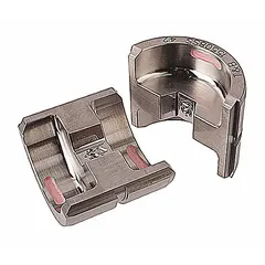 Replacement upper and lower crimping die set for installing Color-Keyed copper and aluminum connectors. Accommodates 1/0 AWG copper and 2 AWG aluminum conductors with a Code crimp profile. Color-coded pink for identification. Compatible with TBM6UNICR-LI tool.