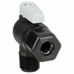 This Parker manual two-way ball valve features a polypropylene body with a full port ball port and a 3/8 in Sweat x MNPT angle configuration. It is operated by a lever handle and is NSF 51 compliant. Suitable for on/off flow control in industrial fluid handling systems requiring corrosion resistance.