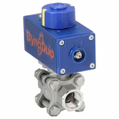 This pneumatically-actuated two-way ball valve features a stainless steel body and FNPT x FNPT connections. It operates with a 115V AC pilot solenoid for automated on/off flow control in industrial piping systems.