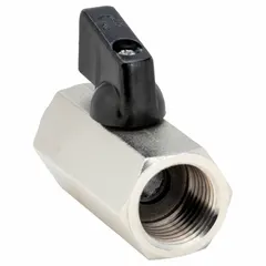 This manual two-way ball valve features a 1/2 in nickel-plated brass straight body with female NPT threads on both ends. The wedge handle provides clear visual indication of valve position. Used to start, stop, or redirect flow in plumbing and industrial piping systems.
