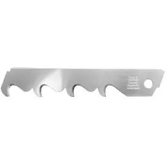 Steel snap-off blades with straight edge and hook tip, 11/16 in width, 0.03 in thickness, 4 segments per blade. Used for cutting sheet materials, trimming gaskets, and scoring surfaces where a hooked edge provides control and access.