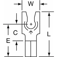 Non-insulated locking fork terminal for #6 stud size, accepting 16 AWG to 14 AWG wire. Rated 600 V. Butted design provides secure connections in control panels, terminal blocks, and other electrical equipment where vibration resistance is required.
