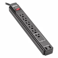 Desktop surge protector with six outlets, 10 ft power cord, 990 joule energy rating, and 15 amp current capacity. Complies with UL 1363 and UL 1449 standards. Suitable for protecting office equipment, home electronics, and other sensitive devices from voltage spikes.