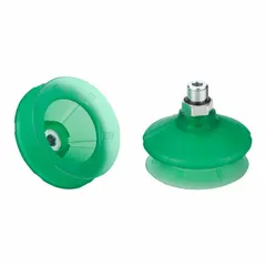 Bellows-type vacuum pad assembly with 1.5 folds, G1/4 inch connection, and 58.4 mm pad diameter. Made of green Elastodur ED with 65 A hardness. Suitable for handling items such as boxes or bags in automated pick-and-place systems.