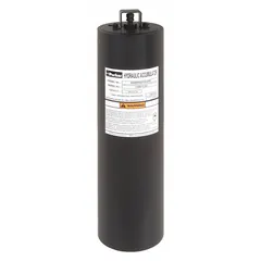 Piston accumulator with 63 cu in total volume and 58 cu in fluid volume. Maximum flow 220 gpm, port connection 1-1/16-12 (#12). Suitable for water-based hydraulic fluids and water-glycol. Used to store hydraulic energy, dampen pressure surges, and supplement pump flow in industrial fluid power systems.