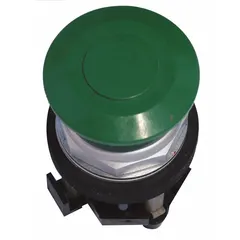 Green mushroom-head push-button operator from the HT800 series. Non-metallic construction with maintained/maintained action. 30 mm mounting size. Suitable for panel-mount applications requiring sustained actuation, such as start or stop functions in industrial control panels.