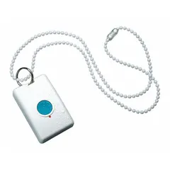 White panic button remote control for security systems. Used to manually trigger a panic alarm in emergency situations. Suitable for commercial or residential settings.