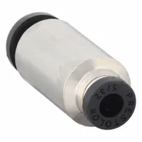 Nickel-plated brass union fitting with push-to-connect ends, connecting 1/4 in OD and 5/32 in OD tubing. Used for joining tubes of different diameters in pneumatic or fluid-control systems, allowing tool-free assembly and disassembly