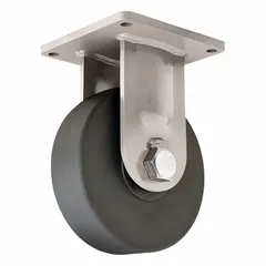 This rigid plate caster features a maintenance-free kingpinless design with a 10-inch diameter, 3-inch wide nylon wheel. The square mounting plate provides a 17 1/8-inch mounting height. Suitable for industrial applications requiring straight-line movement, such as conveyors, heavy carts, and machinery.