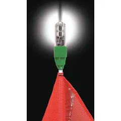 LED warning whip light with flashing white output, rated 2.4 to 12 W. Measures 3/4 in height by 1 in width. Used on fleet vehicles, trailers, and heavy equipment for high-visibility warning in low-light or hazardous conditions.