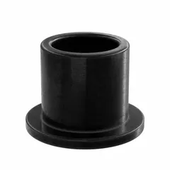 This flanged sleeve bearing is made from Vespel SP-21 plastic, designed for heavy-load and temperature-resistant applications. It has a 3/8 in bore, 1/2 in OD, and 1/2 in overall length, with a black finish. Suitable for use in industrial machinery, pumps, and material handling equipment where plastic bearings must withstand high temperatures and loads without lubrication.