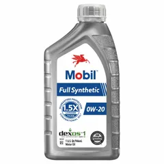 MOBIL full synthetic gasoline engine oil, SAE 0W-20, in a 1 qt container. Biodegradable formulation with Dexos Rating 1. Suitable for gasoline engines in cars requiring low-viscosity, high-performance lubrication.