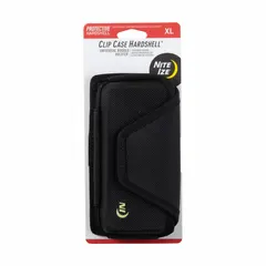 This universal clip case secures a cell phone horizontally to a belt or bag. It features a hardshell plastic exterior with a molded foam interior for protection. The included holster allows for easy attachment. Electrically insulated construction makes it suitable for environments where electrical safety is a concern.