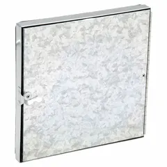 This steel flat access door is designed for rectangular HVAC ducts, providing maintenance access for inspection, cleaning, and servicing. It features a single cam latch and tab-in hinge, with fiberglass insulation and a maximum temperature rating of 175°F.
