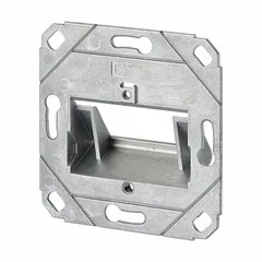 This wall outlet accepts individual keystone modules for voice and data connections. The housing is made of zinc die-cast (GD-Zn) with a metallike finish. It features 2 ports and UP0 mounting type. The unit is unequipped, meaning no connectors are included, allowing customization for structured cabling installations.