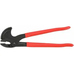 These 11-inch nail pulling pliers feature a standard cushion grip for comfort and an oxide finish for corrosion resistance. Designed for extracting nails from wood and other materials, the long length provides increased leverage. Suitable for general construction and demolition tasks.